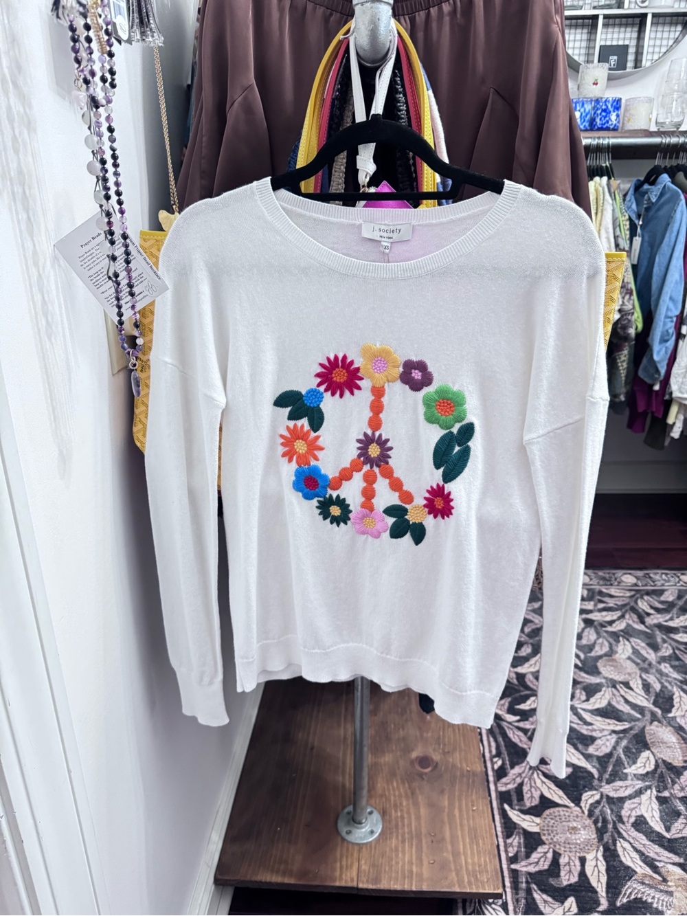 J. Society White Crewneck Sweater with Colorful Floral Peace Sign